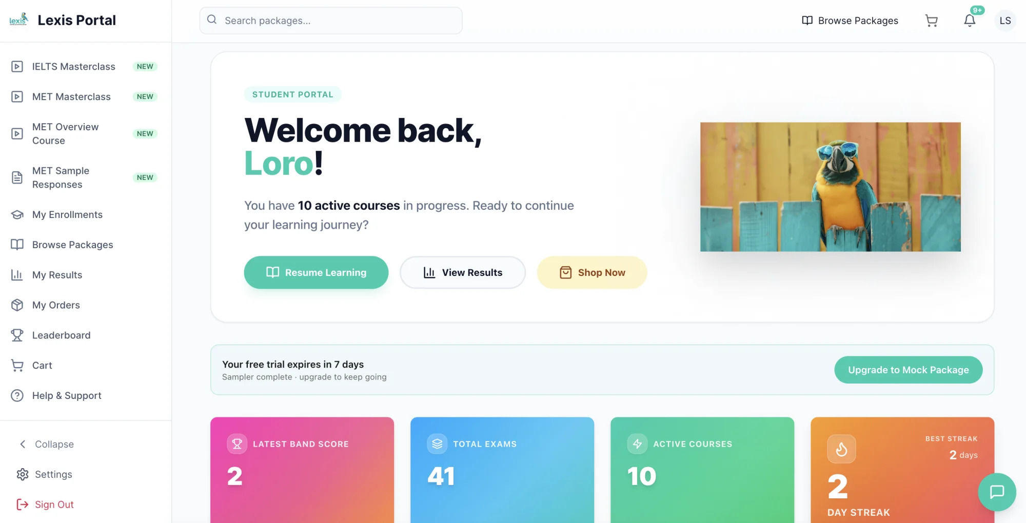Lexis student portal dashboard with courses, progress, scores, and learning actions