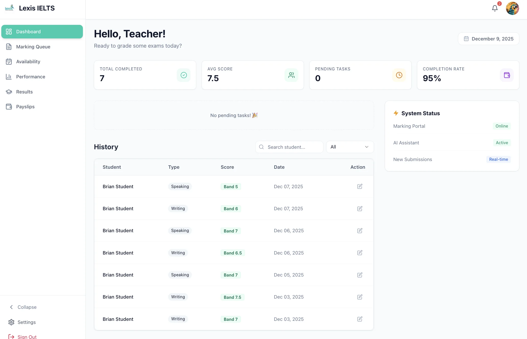 Lexis teacher dashboard with grading history and performance metrics