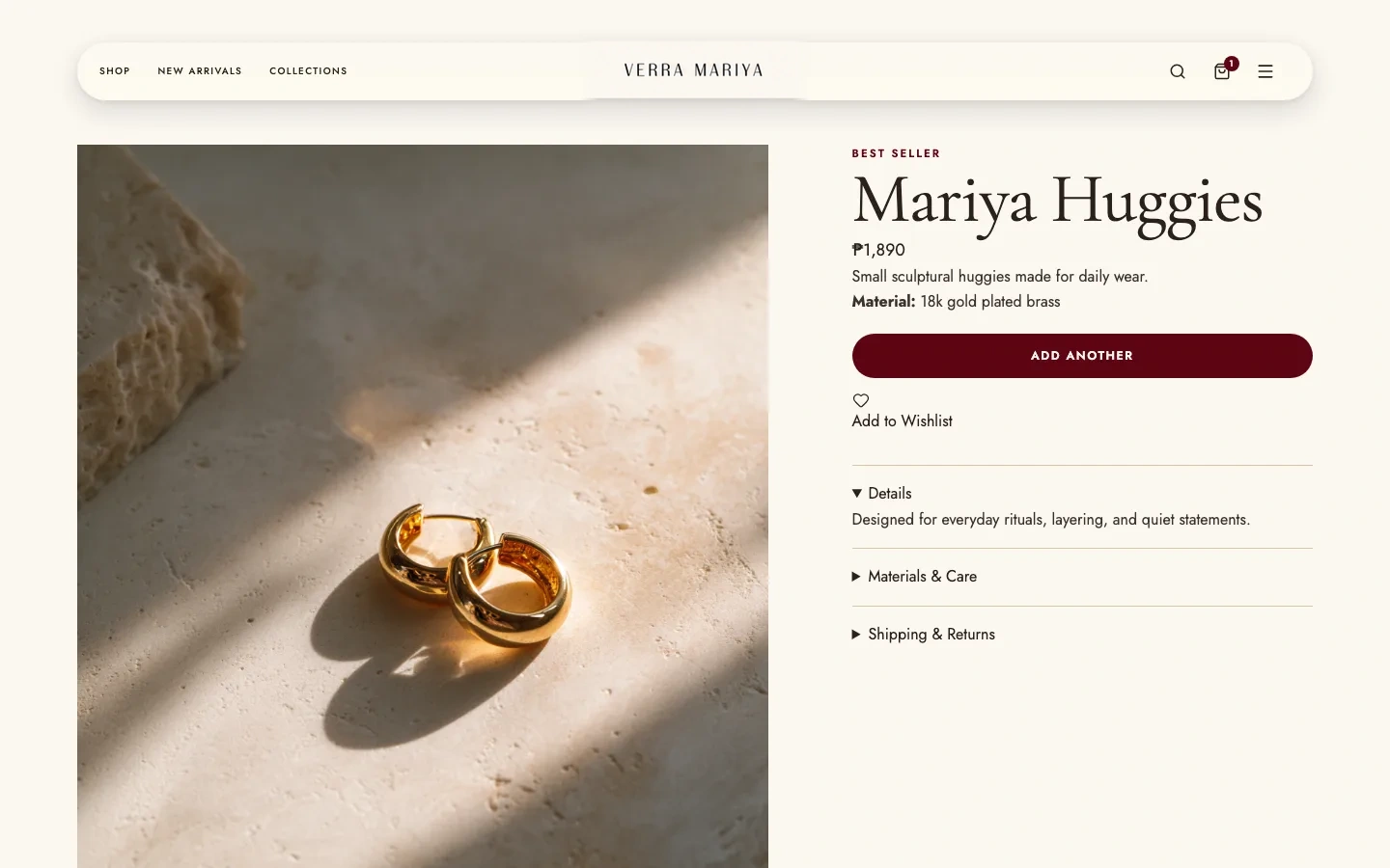 Verra Mariya jewelry product detail page