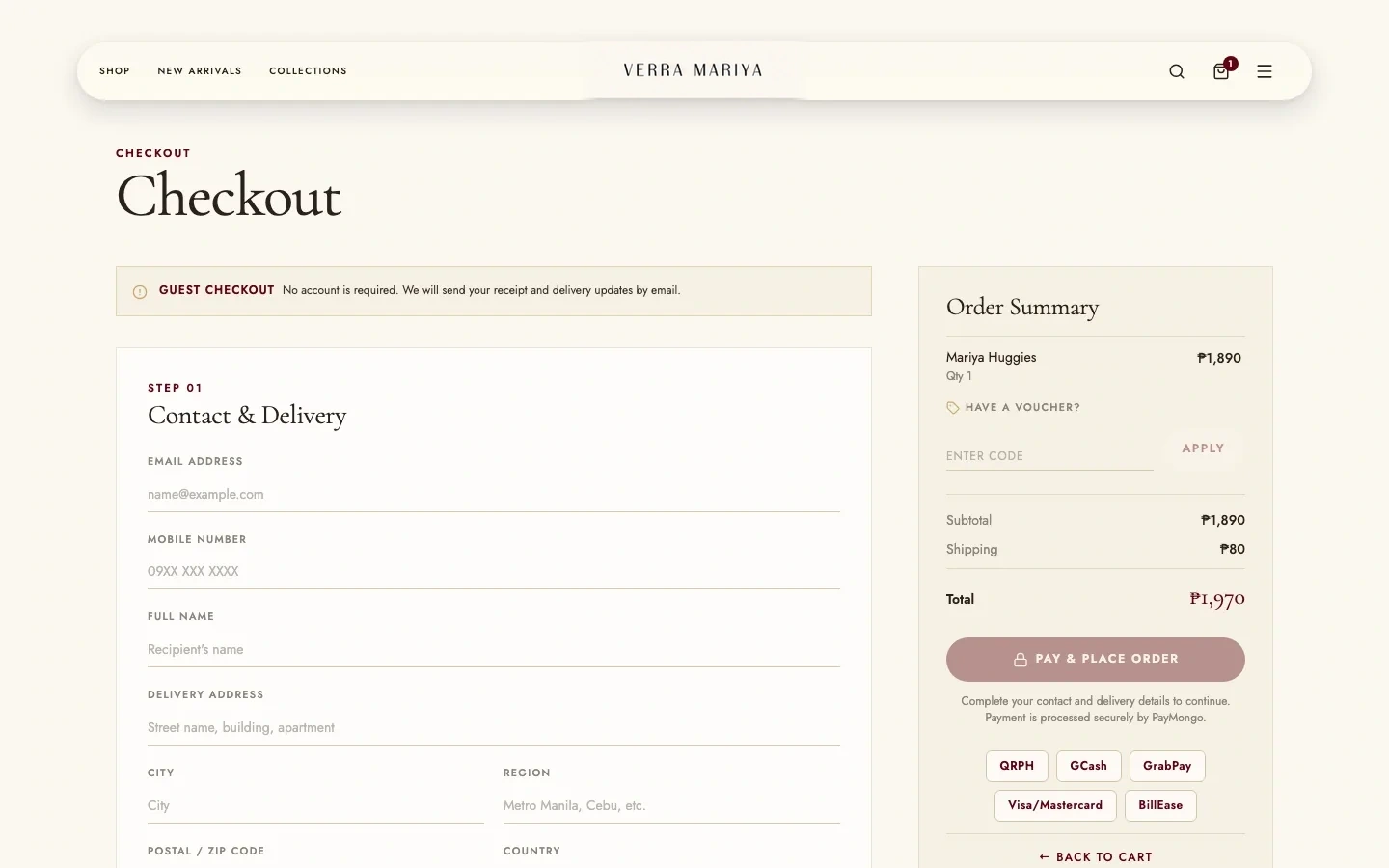 Verra Mariya guest checkout contact form